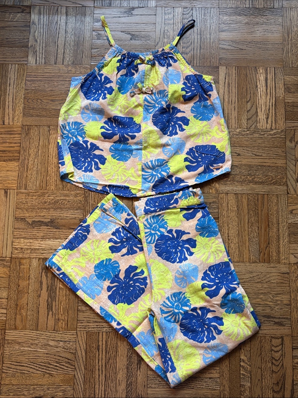 Tahari Girls Tropical Leaf Print Two-Piece Pant Set - Blue & Yellow